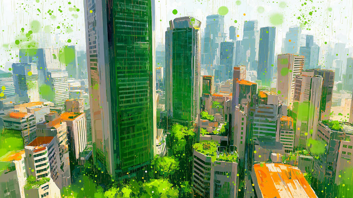 Abstract Urban Jungle Mural Wallpaper — Painterly City Skyline Art Mural Wallpaper - room preview 04