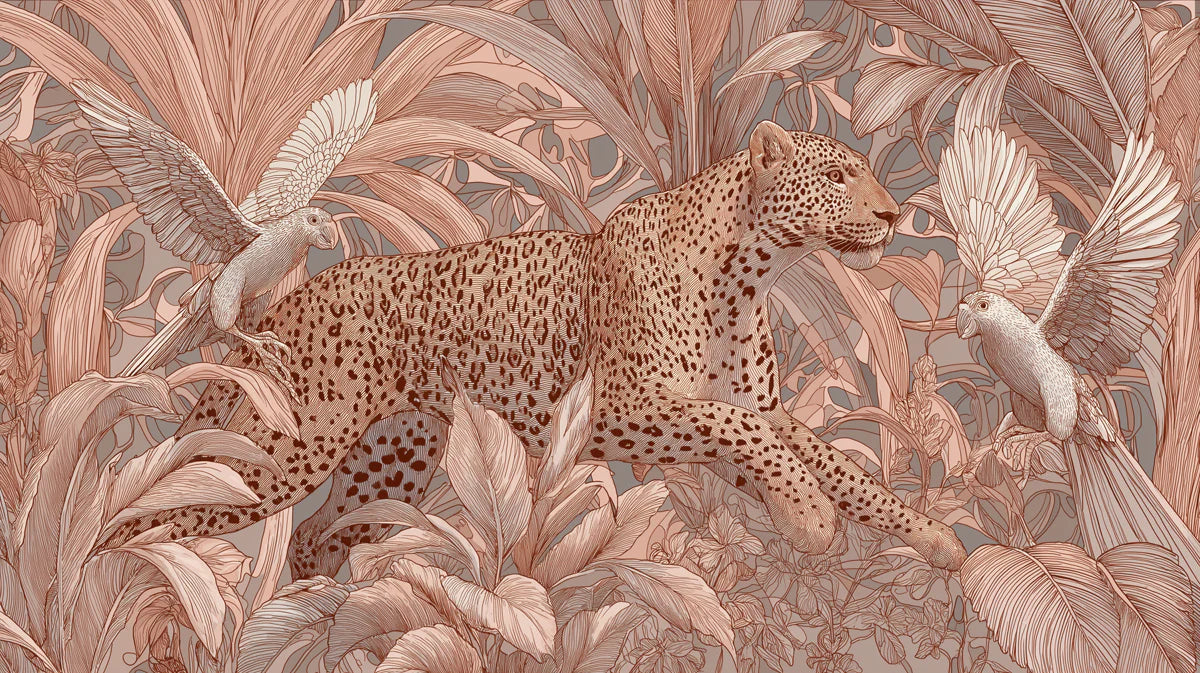 Leopard and Exotic Birds Mural Wallpaper — Soft Monochromatic Safari Mural Wallpaper - room preview 04