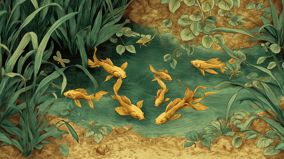 Golden Koi Pond Mural Wallpaper — Traditional Illustration Mural Wallpaper - room preview 04