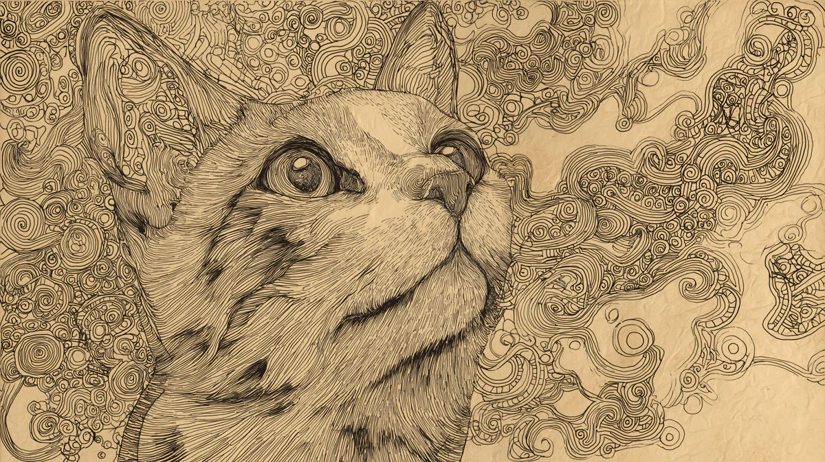 Intricate Feline Sketch Mural Wallpaper — Artistic Line Art Design Mural Wallpaper - room preview 04