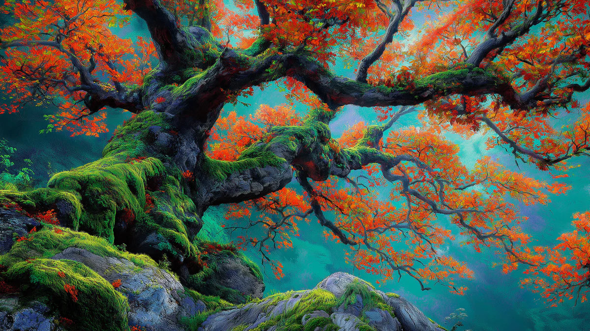 Autumn Woodland Mural Wallpaper — Painterly Gnarled Tree Design Mural Wallpaper - room preview 04