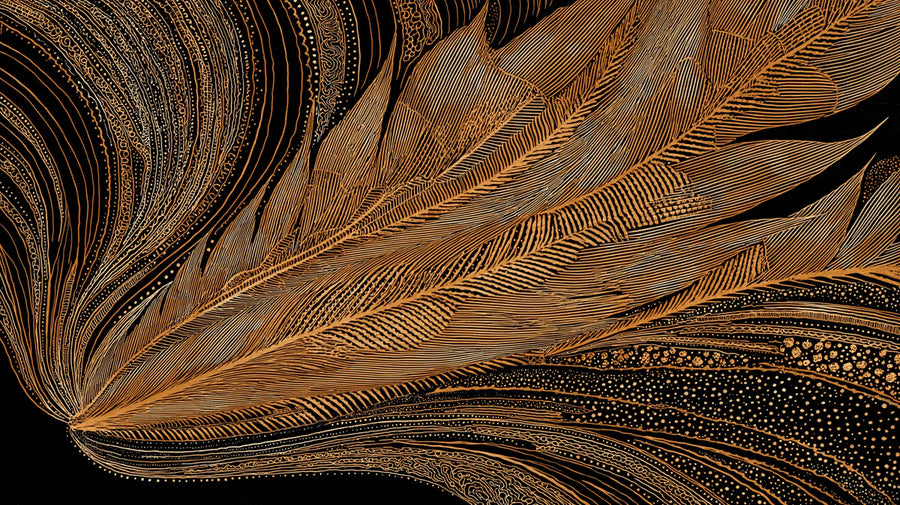 Peacock Wallpaper Mural – Bird Wall Mural – Golden Feather Line Art — Sophisticated Black Design printable artwork