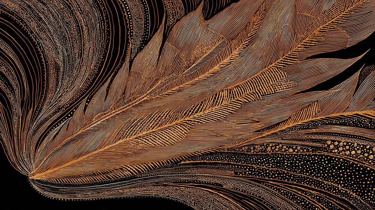 Golden Feather Line Art Mural Wallpaper — Sophisticated Black Design Mural Wallpaper - room preview 04