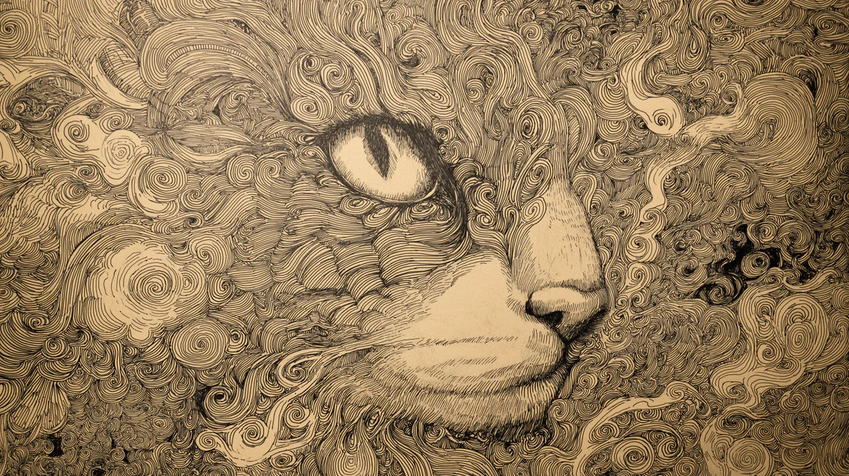 Swirling Feline Portrait Mural Wallpaper — Artistic Ink Line Art Mural Wallpaper - room preview 04