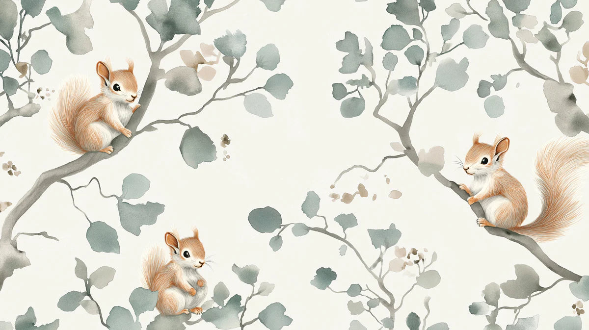 Squirrel and Branch Mural Wallpaper — Whimsical Watercolor Art Mural Wallpaper - room preview 04