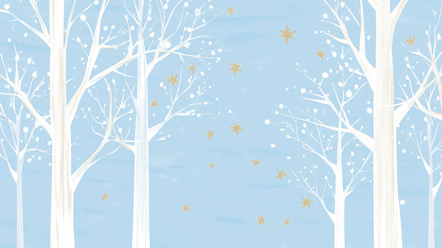 Forest Wallpaper Mural – Woodland Wall Mural – Winter Birch Forest in Pale Blue and Gold printable artwork