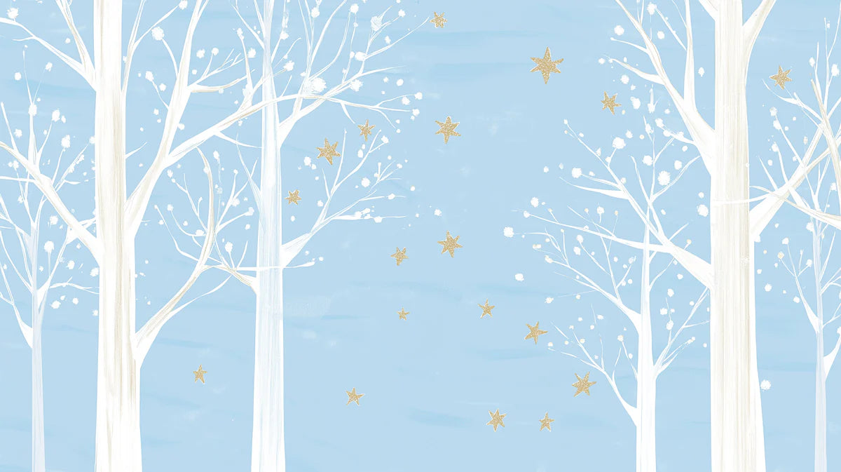 Winter Birch Forest Mural Wallpaper in Pale Blue and Gold Mural Wallpaper - room preview 04