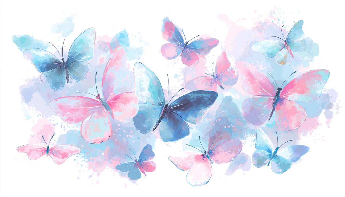 Watercolor Butterfly Swarm Mural Wallpaper — Soft Artistic Design Mural Wallpaper - room preview 04