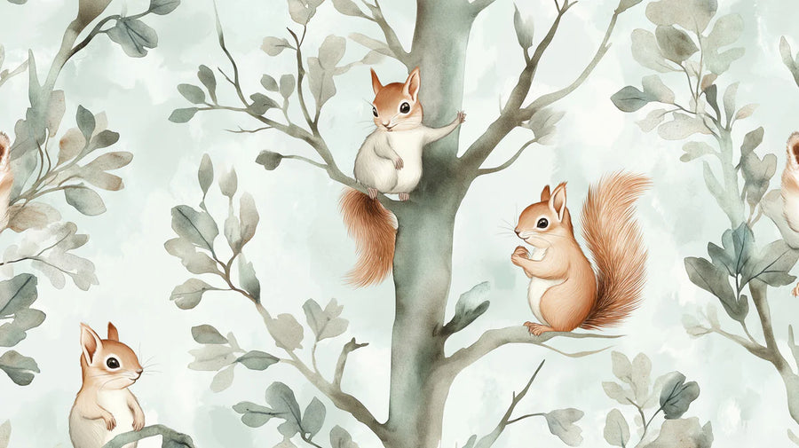 Woodland Nursery Wallpaper Mural – Baby Animals Wall Mural – Woodland Squirrels — Whimsical Nature Scene printable artwork