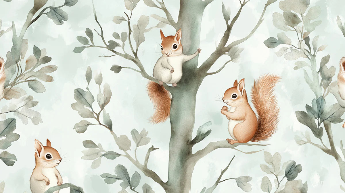 Woodland Squirrels Mural Wallpaper — Whimsical Nature Scene Mural Wallpaper - room preview 04