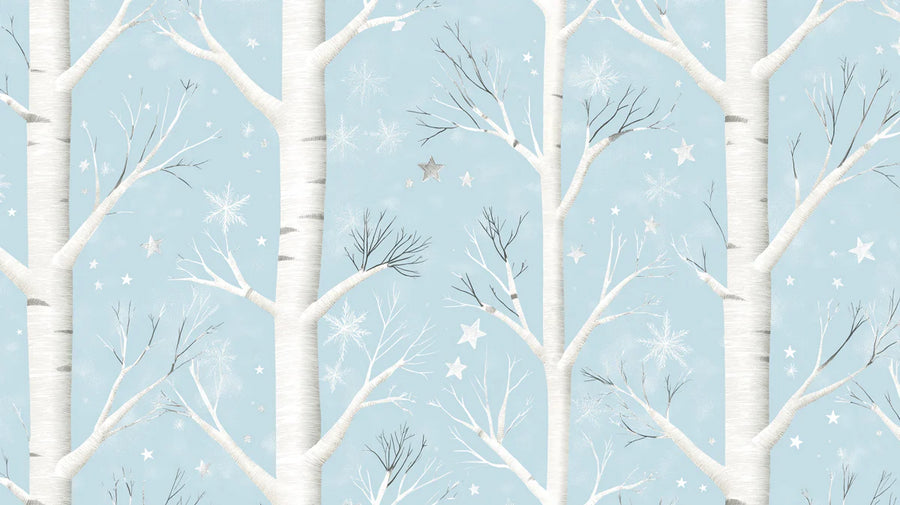 Forest Wallpaper Mural – Woodland Wall Mural – Winter Birch Forest — Whimsical Sky Blue printable artwork