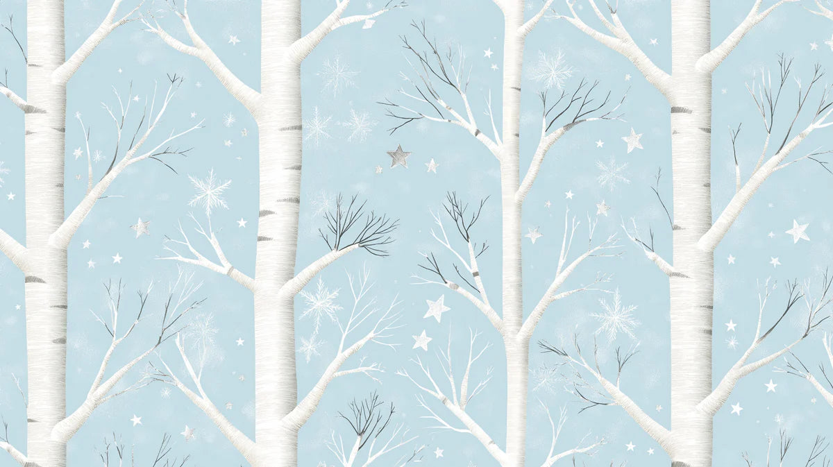 Winter Birch Forest Mural Wallpaper — Whimsical Sky Blue Mural Wallpaper - room preview 04