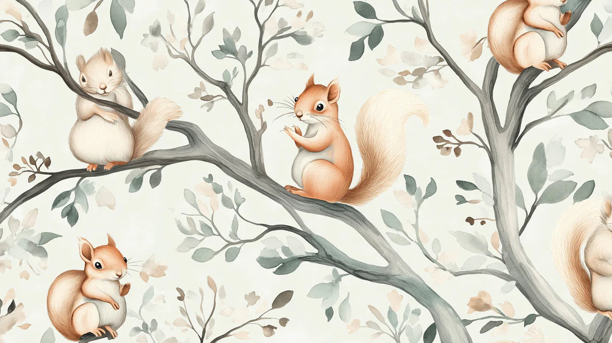 Rustic Woodland Squirrels Mural Wallpaper — Whimsical Nature Scene Mural Wallpaper - room preview 04