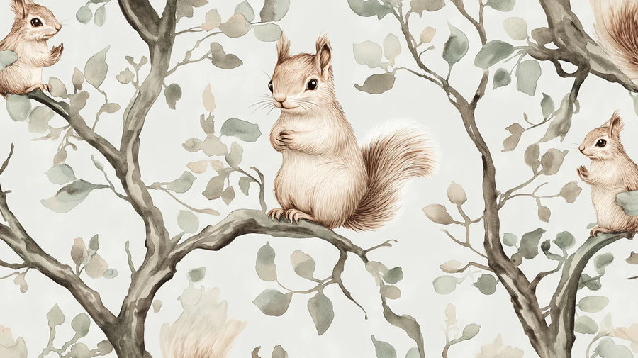 Woodland Nursery Wallpaper Mural – Baby Animals Wall Mural – Squirrel and Branch — Soft Woodland Pattern printable artwork