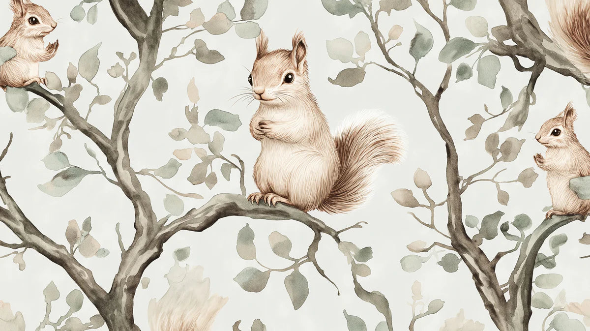 Squirrel and Branch Mural Wallpaper — Soft Woodland Pattern Mural Wallpaper - room preview 04