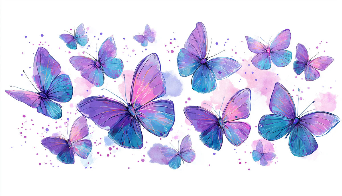 Watercolor Butterfly Swarm Mural Wallpaper — Ethereal Blue and Purple Mural Wallpaper - room preview 04