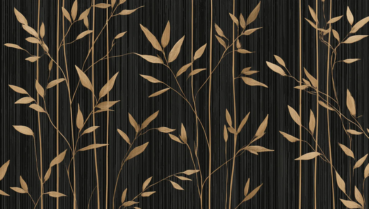 Gilded Bamboo Stalks Mural Wallpaper — Sophisticated Black & Gold Mural Wallpaper - room preview 04