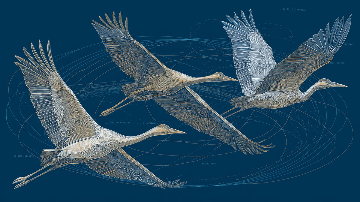 Flying Cranes Mural Wallpaper — Minimalist Line Art on Deep Navy Mural Wallpaper - room preview 04