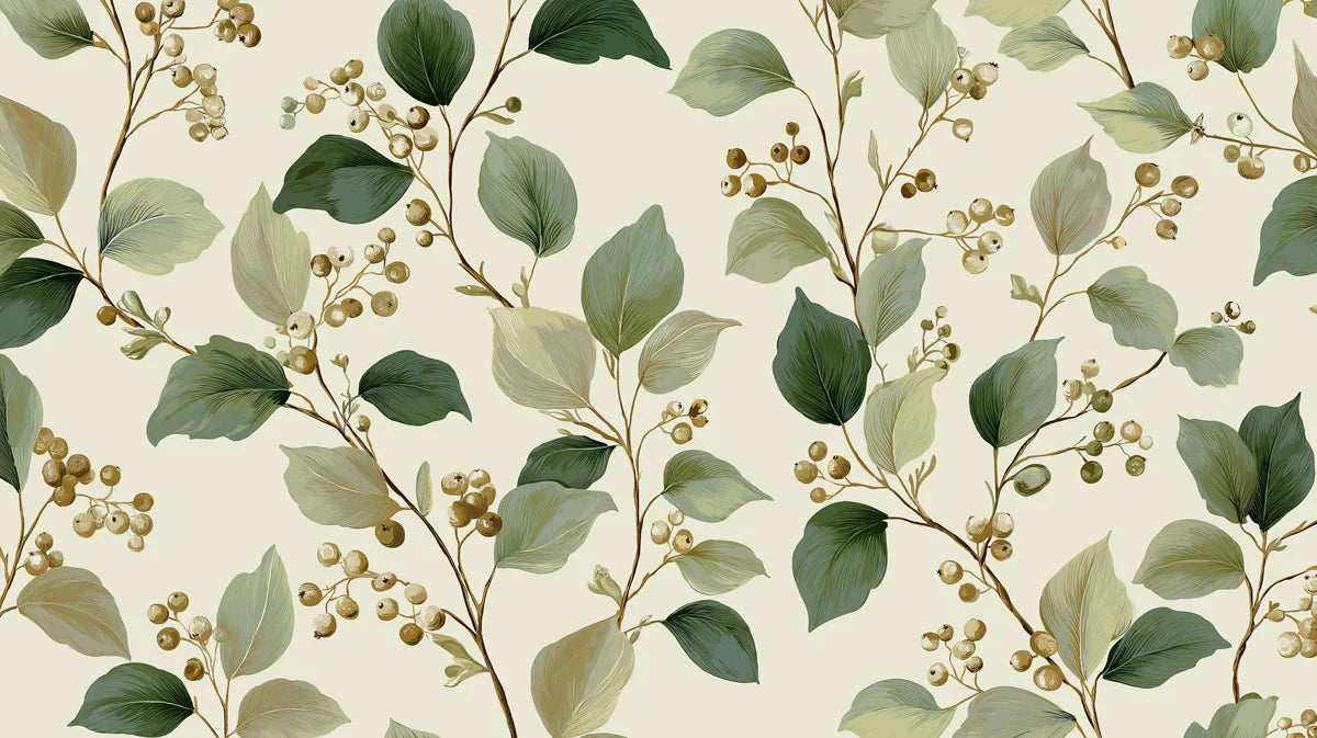 Eucalyptus & Berry Vine Mural Wallpaper — Botanical Art Pattern Mural Wallpaper - room preview 04