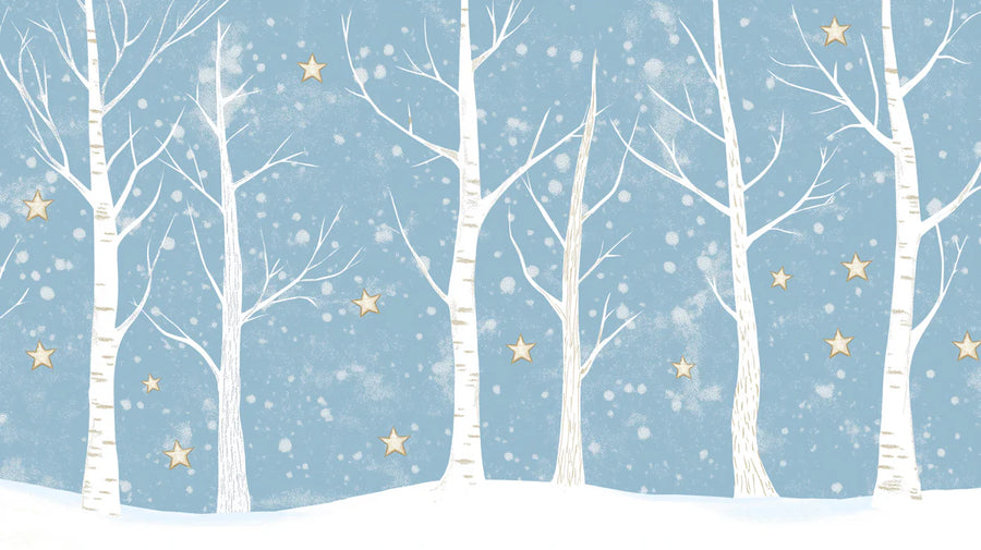 Forest Wallpaper Mural – Woodland Wall Mural – Winter Birch Forest — Soft Snowfall Design printable artwork