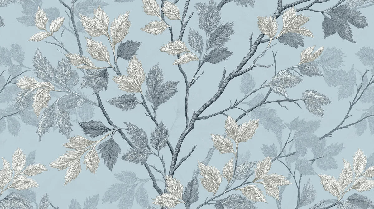 Whispering Branches Mural Wallpaper — Soft Blue Botanical Art Mural Wallpaper - room preview 04