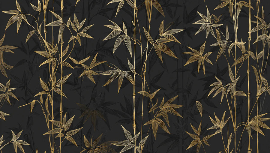 Nature Wallpaper Mural – Natural Wall Mural – Golden Bamboo Botanical in Charcoal Gray printable artwork