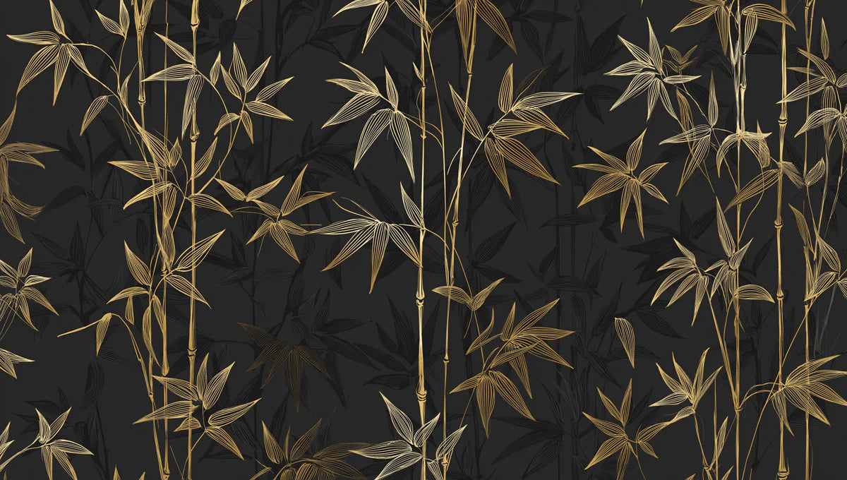 Golden Bamboo Botanical Mural Wallpaper in Charcoal Gray Mural Wallpaper - room preview 04