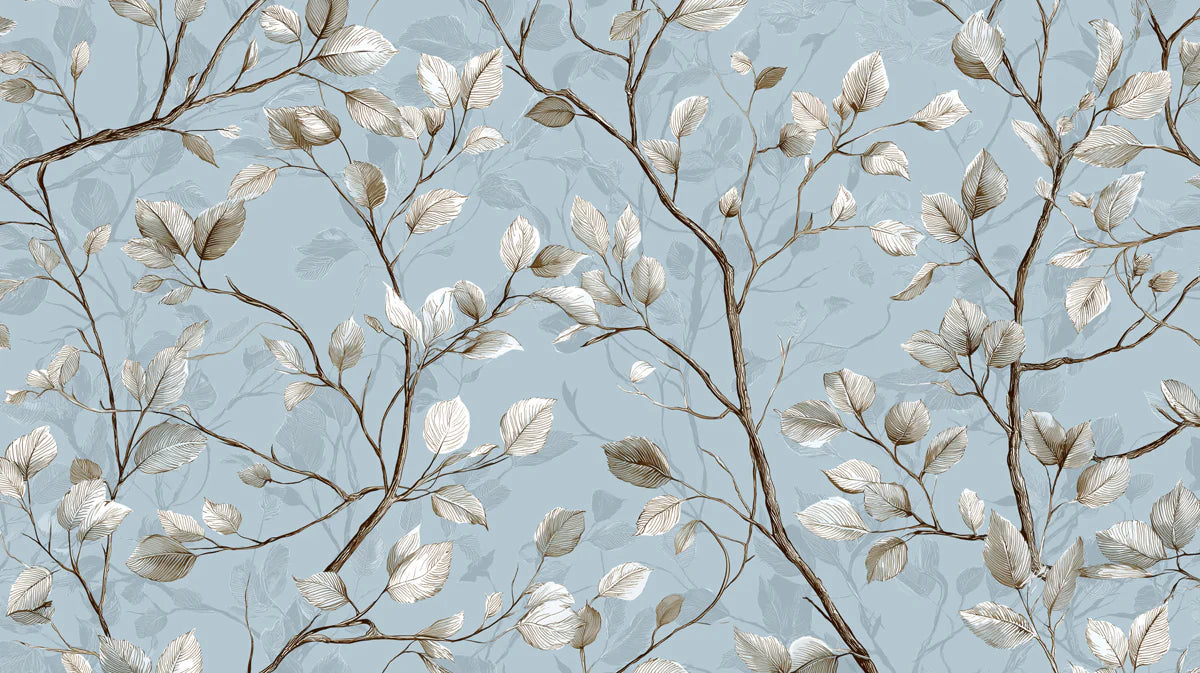 Minimalist Twig and Leaf Mural Wallpaper in Powder Blue Mural Wallpaper - room preview 04