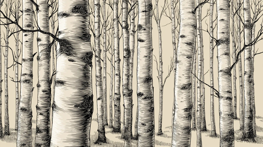 Forest Wallpaper Mural – Woodland Wall Mural – Birch Forest Sketch — Hand-Drawn Woodgrain Design printable artwork