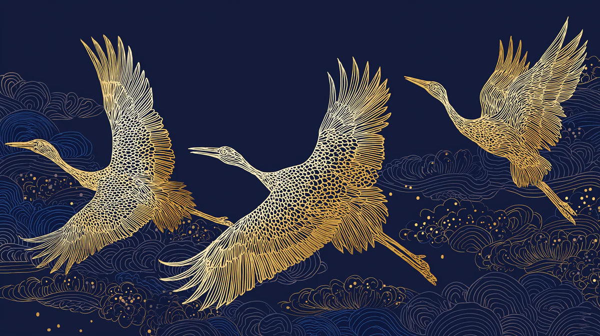 Golden Cranes and Clouds Mural Wallpaper — Traditional Asian Art Mural Wallpaper - room preview 04