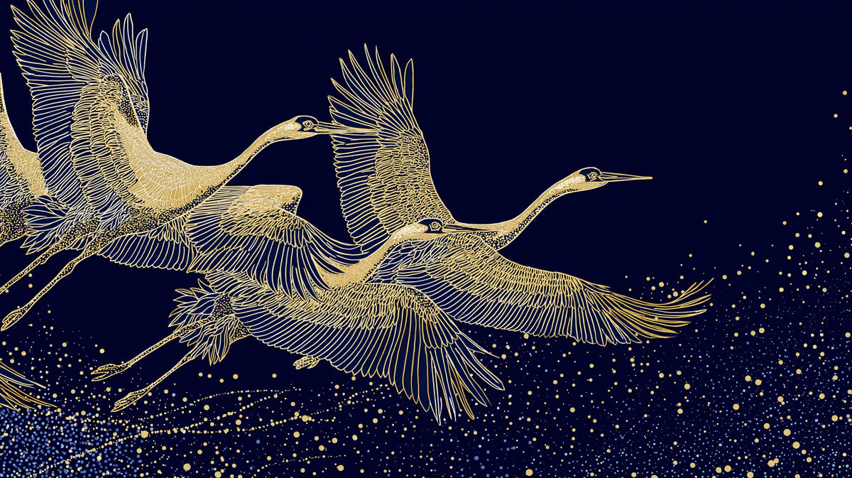 Golden Cranes Mural Wallpaper — Midnight Blue Celestial Design Mural Wallpaper - room preview 04