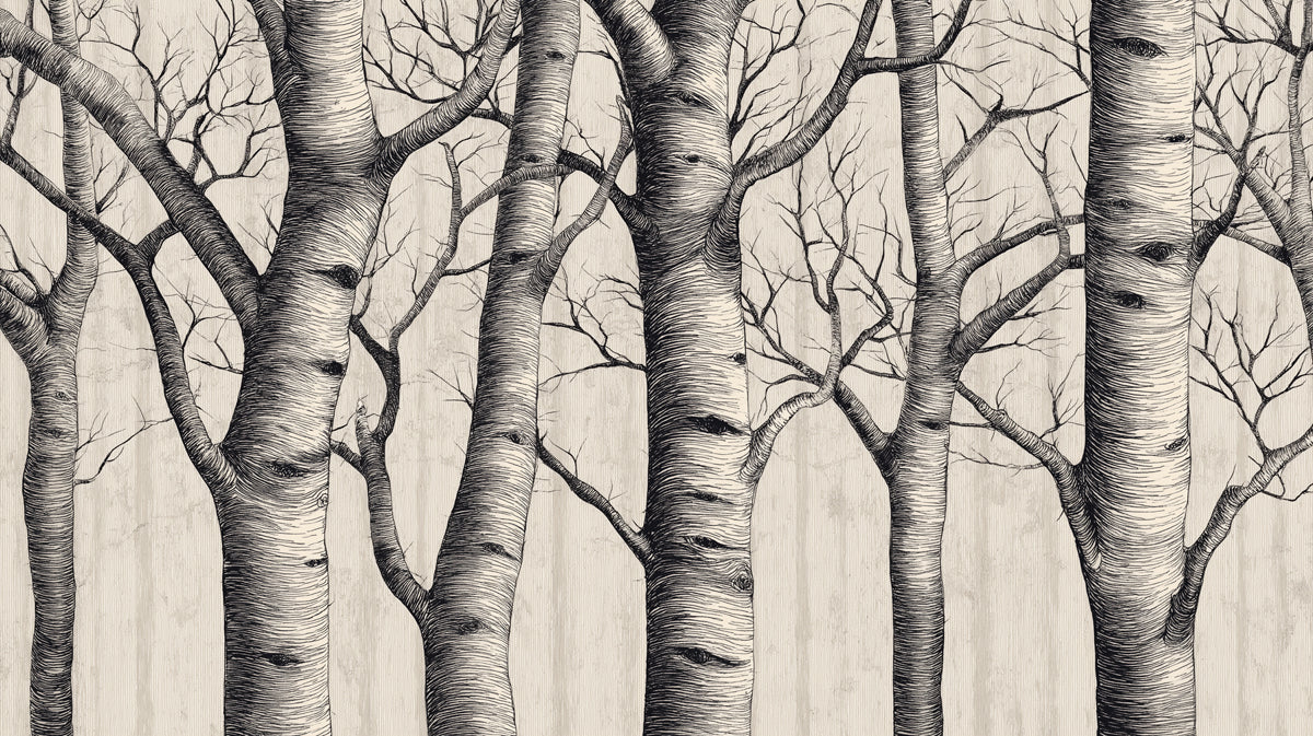 Minimalist Birch Forest Mural Wallpaper — Detailed Sketch Art Mural Wallpaper - room preview 04