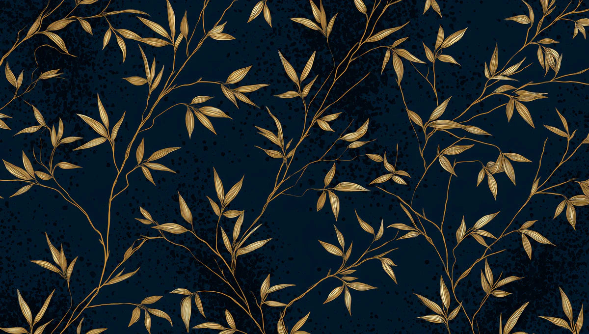 Golden Bamboo Botanical Mural Wallpaper — Midnight Blue Design Mural Wallpaper - room preview 04