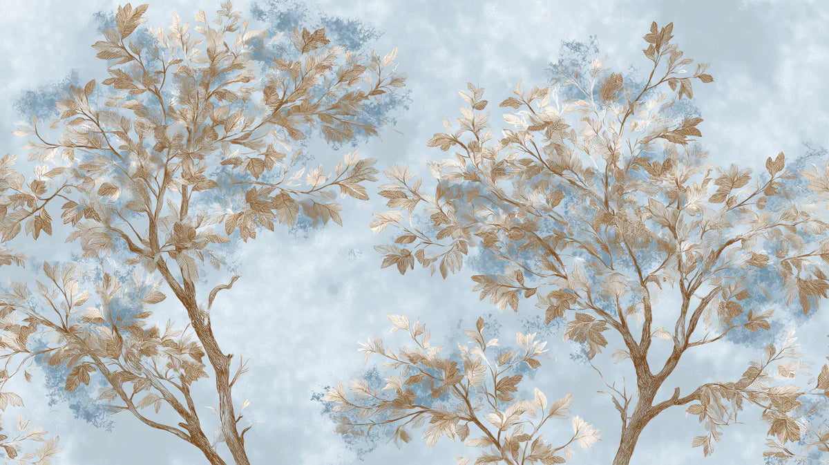 Autumn Canopy Mural Wallpaper — Hazy Blue and Bronze Tree Design Mural Wallpaper - room preview 04