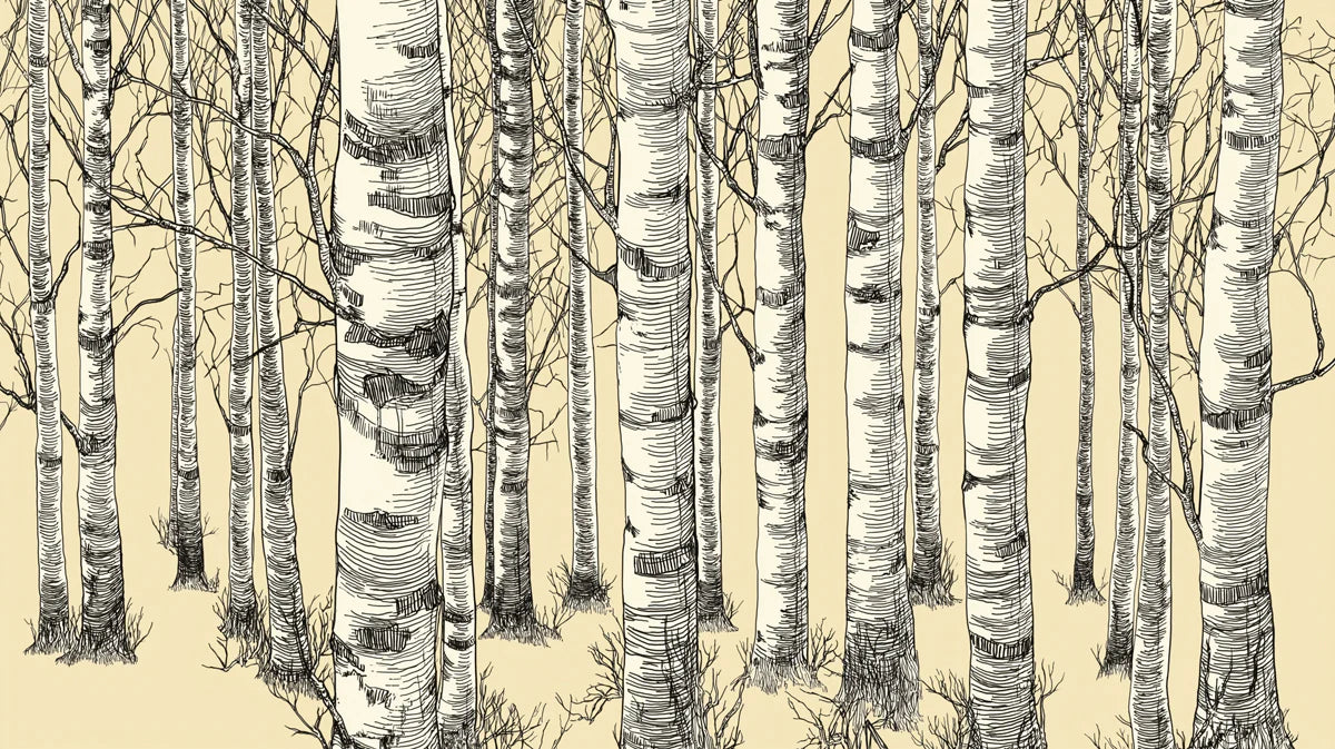 Vintage Birch Forest Mural Wallpaper — Sketch Style Woodland Mural Wallpaper - room preview 04