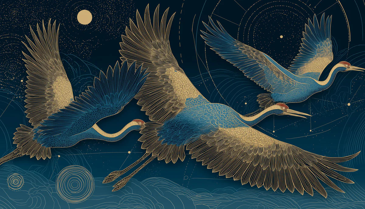 Celestial Cranes in Flight Mural Wallpaper — Midnight Blue Mural Wallpaper - room preview 04