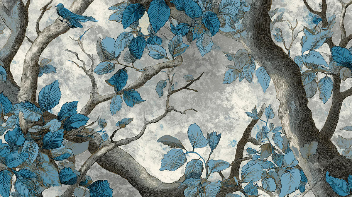 Blue Forest Etching Mural Wallpaper — Moody Botanical Art Mural Wallpaper - room preview 04