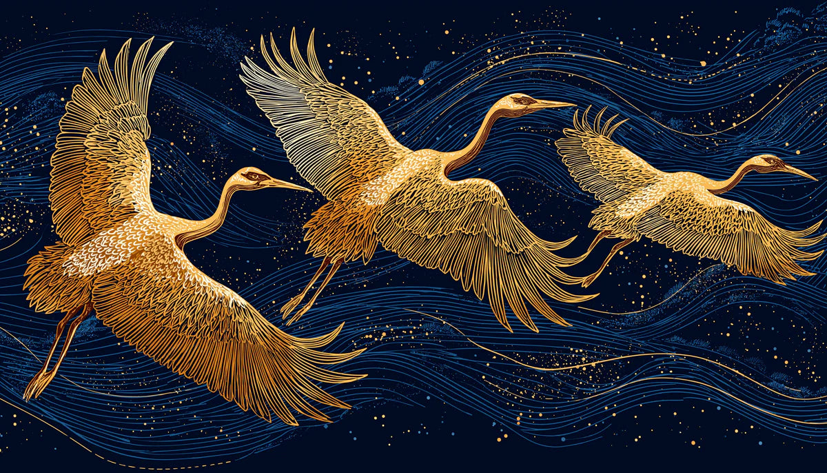 Gilded Crane Flight Mural Wallpaper — Midnight Celestial Design Mural Wallpaper - room preview 04