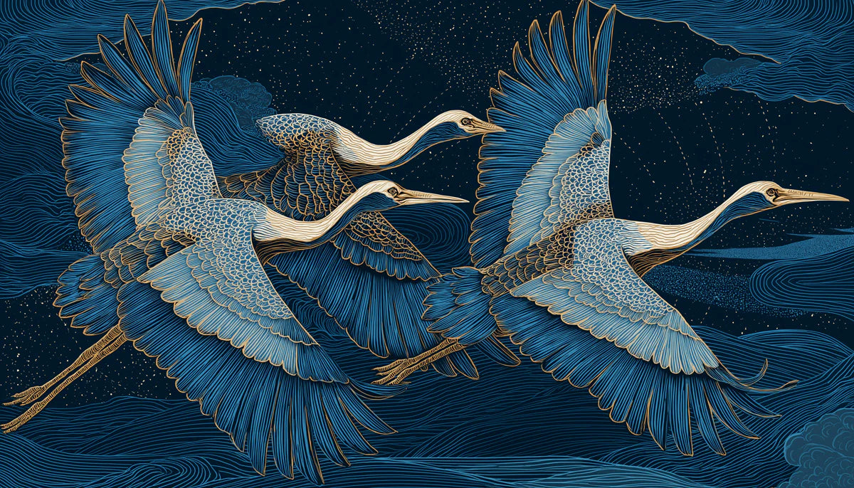Flying Cranes Mural Wallpaper — Midnight Blue and Gold Mural Wallpaper - room preview 04