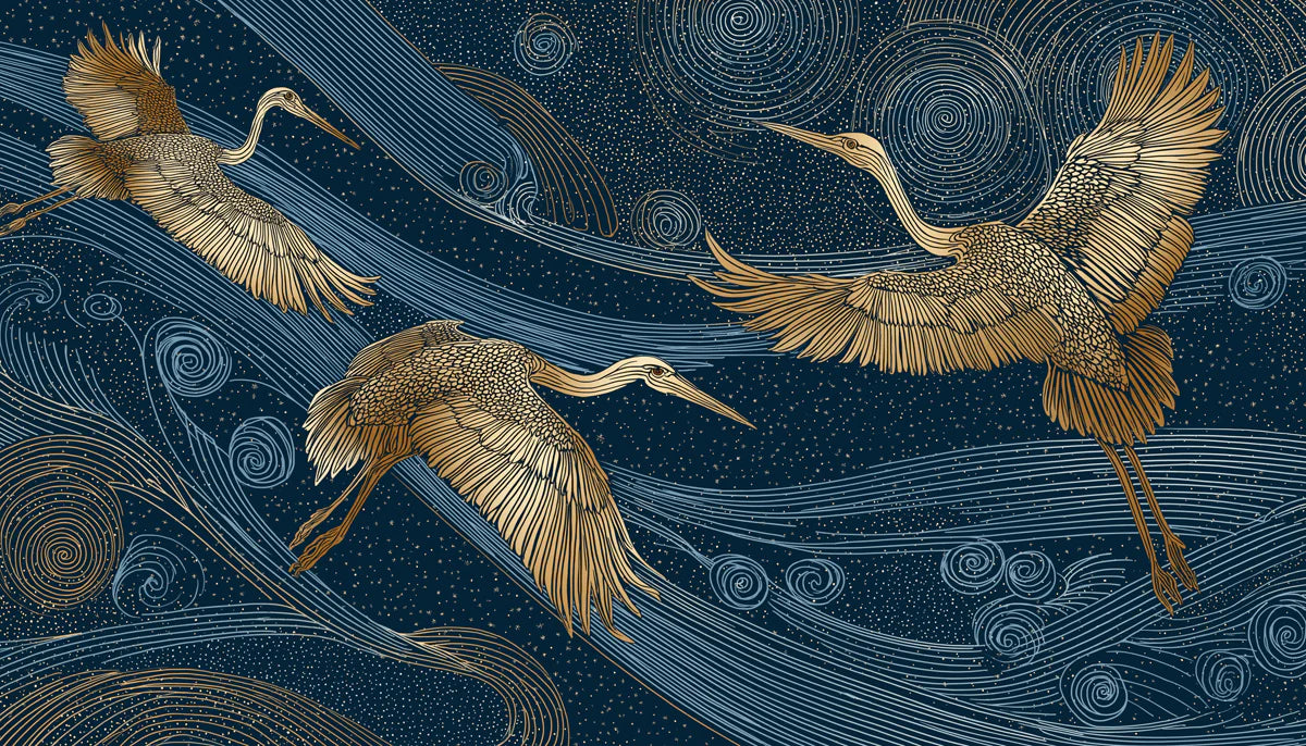 Golden Cranes & Celestial Swirls Mural Wallpaper — Art Deco Style Mural Wallpaper - room preview 04