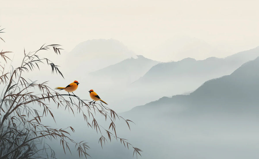 Papier peint fresque Oiseaux de Montagne Brumeuse — Papier peint fresque style lavis d'encre minimaliste printable artwork