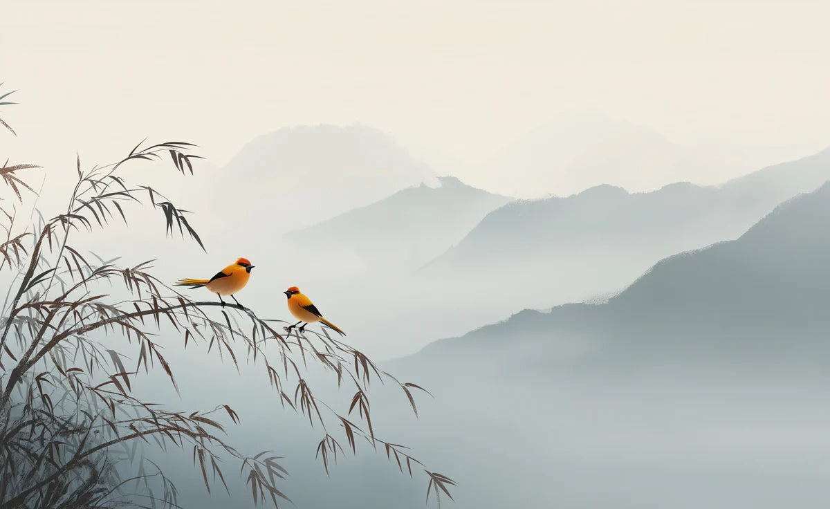 Misty Mountain Bird Mural Wallpaper — Minimalist Ink Wash Style Mural Wallpaper - room preview 04