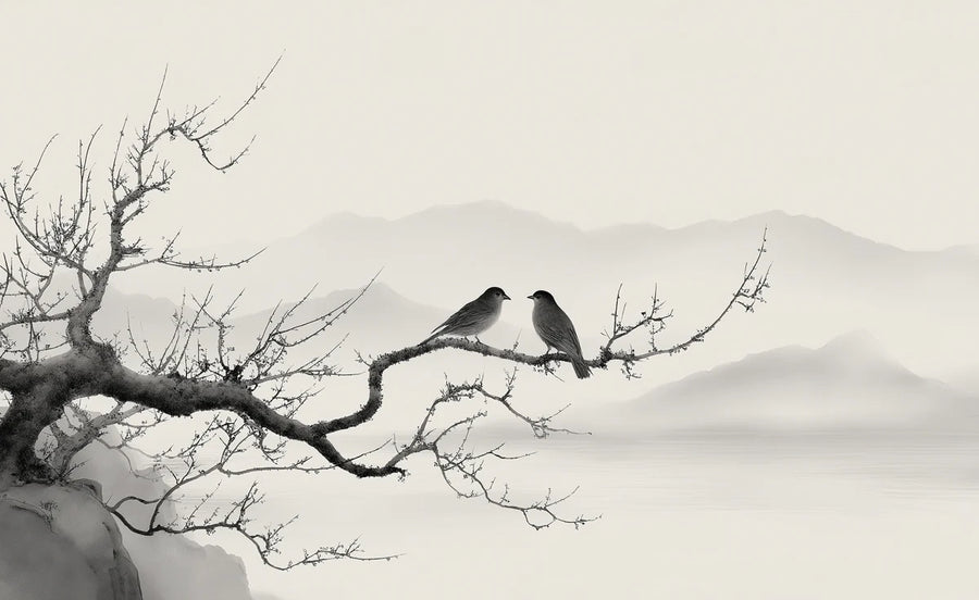Chinoiserie Wallpaper Mural – Chinese Style Wall Mural – Zen Birds and Mist — Minimalist Ink Wash Art printable artwork