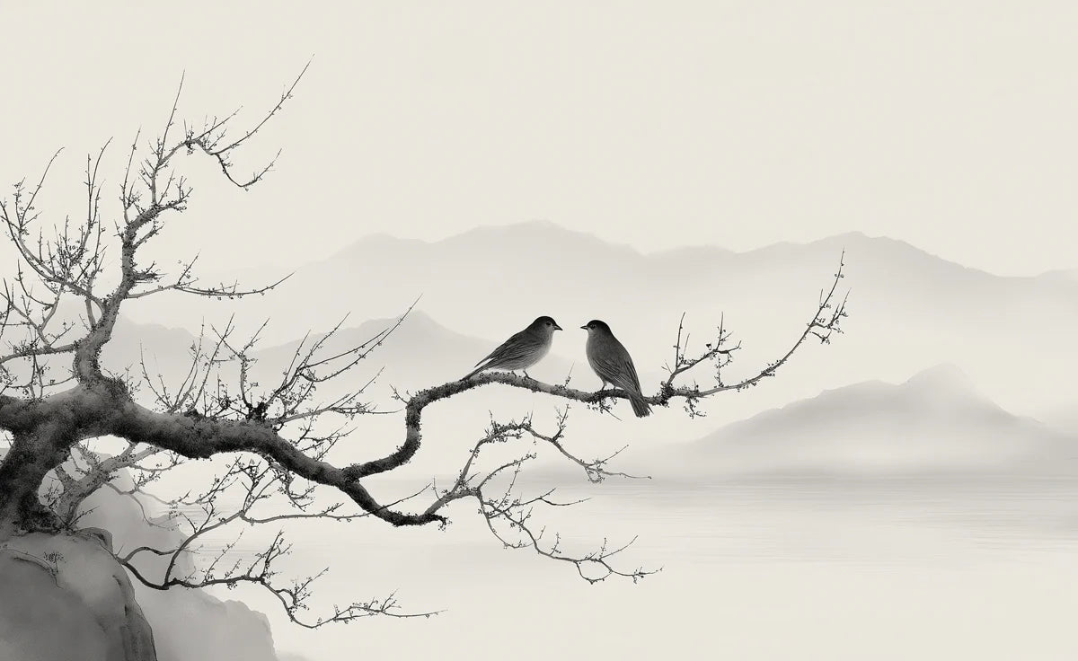 Zen Birds and Mist Mural Wallpaper — Minimalist Ink Wash Art Mural Wallpaper - room preview 04