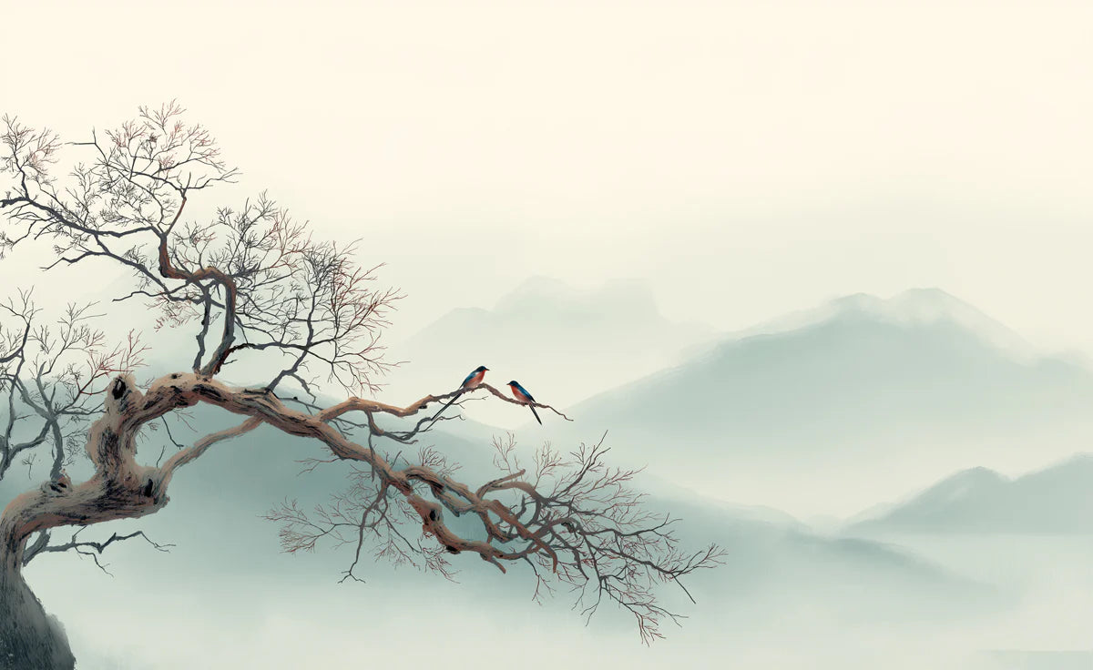 Misty Mountain Ink Wash Mural Wallpaper — Minimalist Zen Landscape Mural Wallpaper - room preview 04