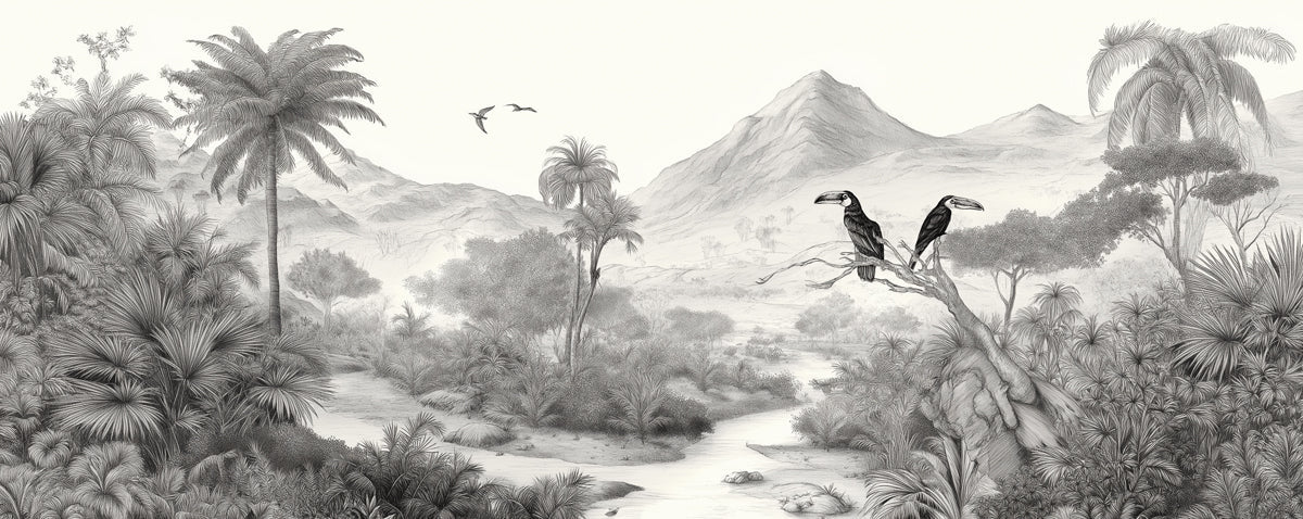 Monochrome Jungle Toucan Landscape Mural Wallpaper - room preview 04