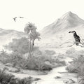 Monochrome Jungle Toucan Landscape Mural Wallpaper - room preview 04