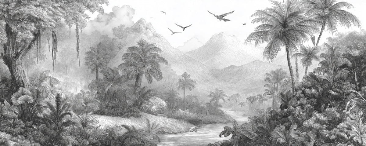 Monochrome Jungle Landscape Mural Wallpaper — Minimalist Sketch Style Mural Wallpaper - room preview 04