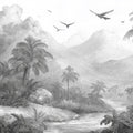 Monochrome Jungle Landscape Mural Wallpaper — Minimalist Sketch Style Mural Wallpaper - room preview 04