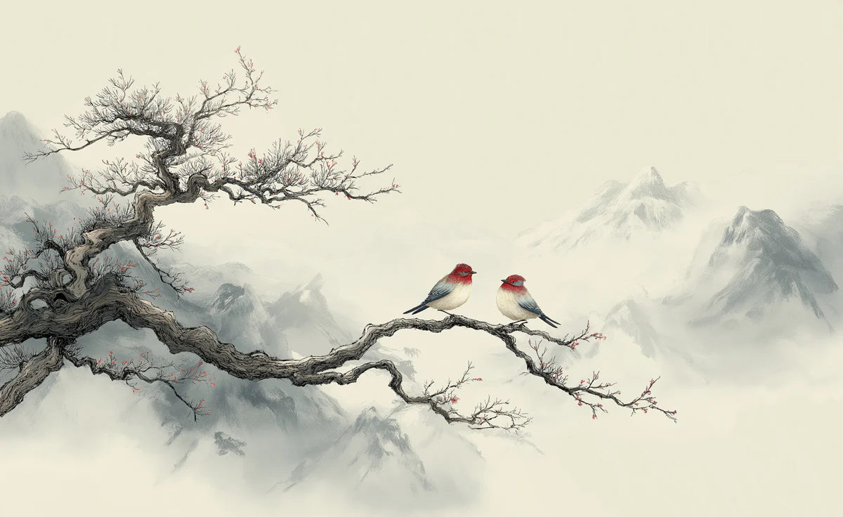 Zen Mountain Bird Mural Wallpaper — Minimalist Winter Landscape Mural Wallpaper - room preview 04